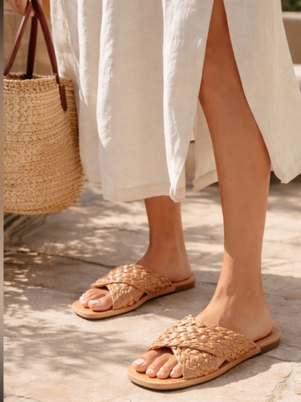 ARKET Woven Leather Square Toe Slide Sandals Tan EU 38